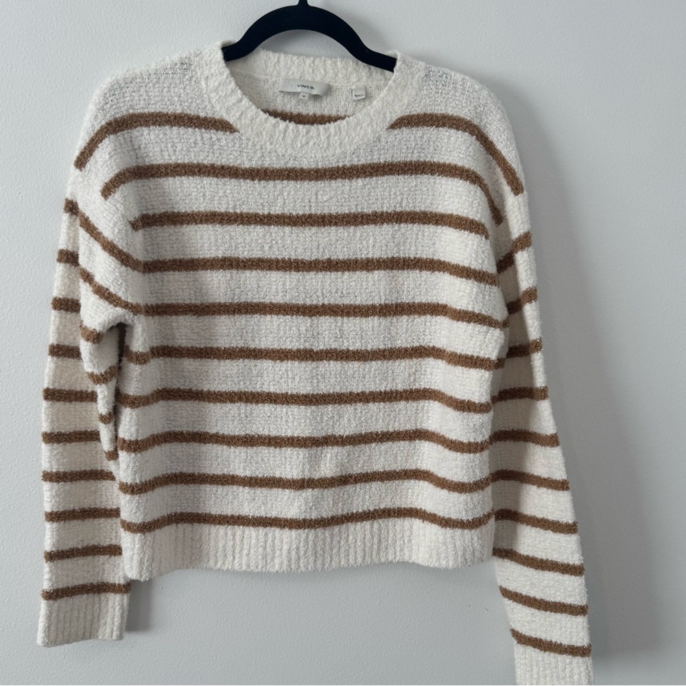 Vince Cream and Brown Striped Crewneck Sweater